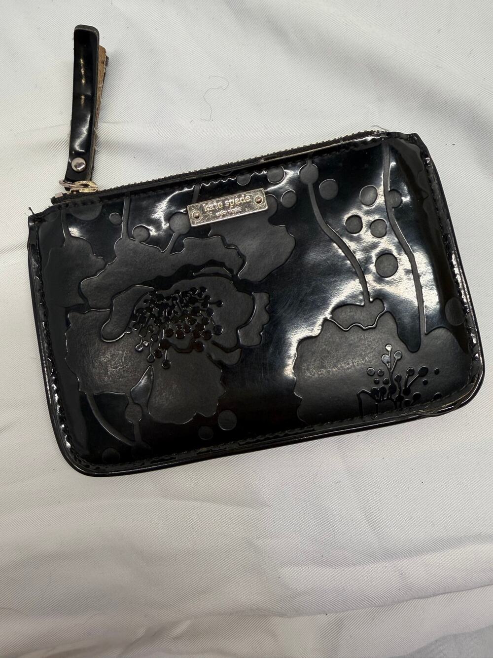 Kate Spade New York Black Embossed Leather Wristlet – Zip – Compact Wallet